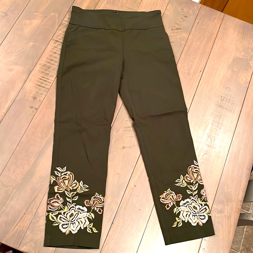 Army Green floral embroidered pants